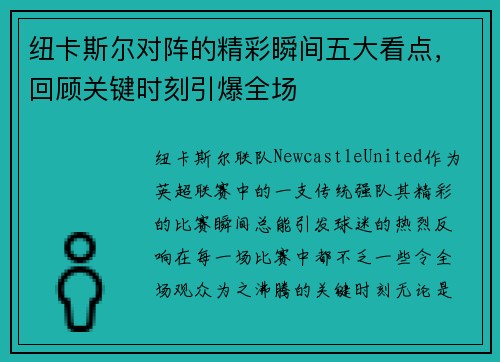 纽卡斯尔对阵的精彩瞬间五大看点，回顾关键时刻引爆全场