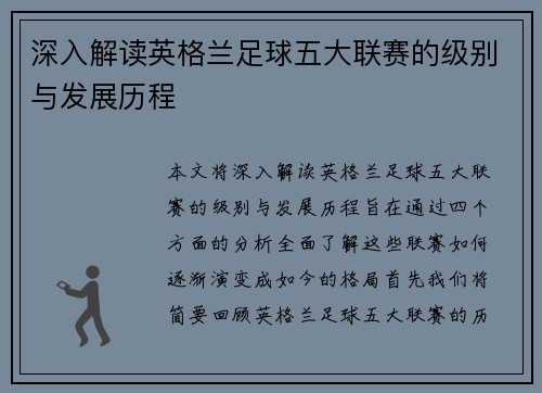 深入解读英格兰足球五大联赛的级别与发展历程
