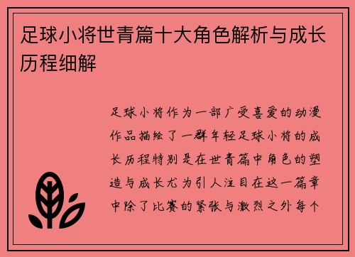 足球小将世青篇十大角色解析与成长历程细解